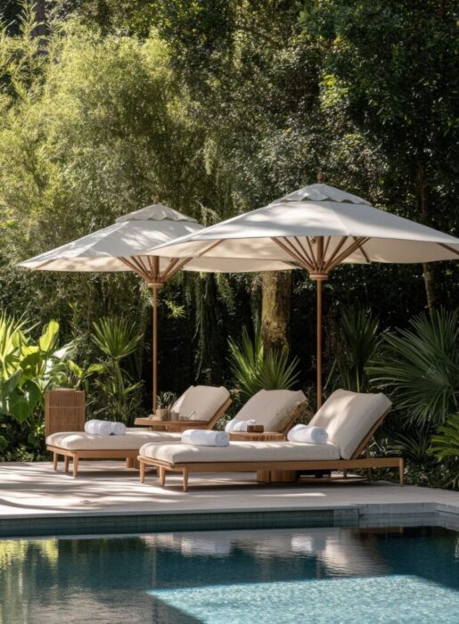 A Peaceful Poolside Scene Featuring Stylish Designer Umbrellas in Soft Pastel Tones, Paired with Modern Furniture and Lush Greenery in the Background, Creating a Relaxing Atmosphere